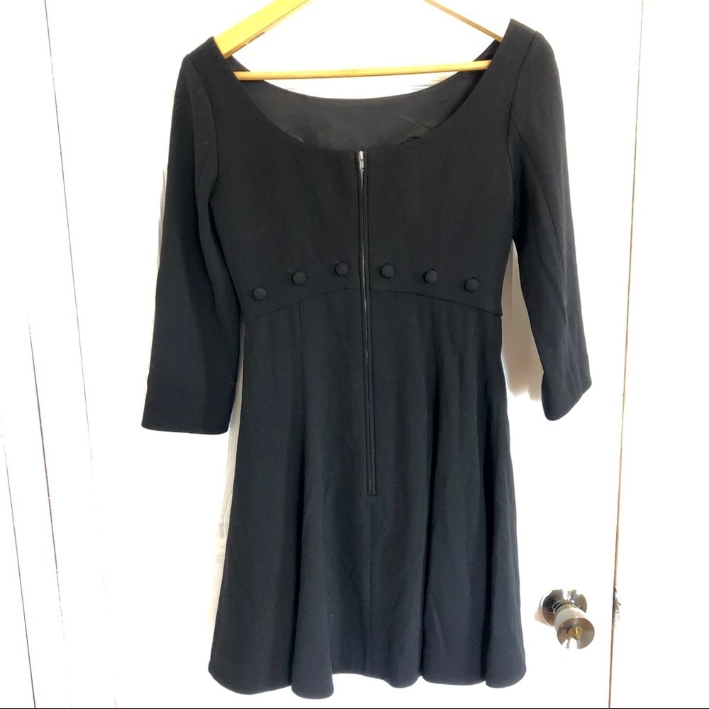 Rachel Zoe 3/4 Length Sleeve Black Wool Fit & Flare Dress Button Detail | 2 - Picture 3 of 8